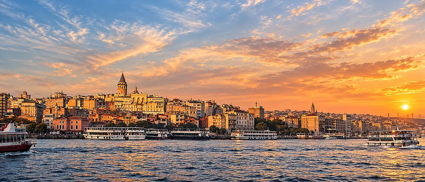 Blick über das Goldene Horn auf Galata und den Galataturm bei Sonnenuntergang, Istanbul
