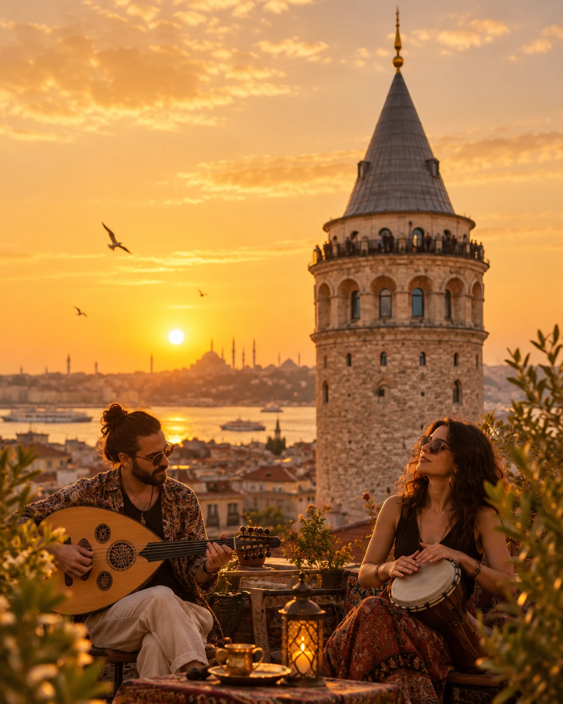 Musiker auf einer Dachterrasse bei Sonnenuntergang über Istanbul, Lunatolia