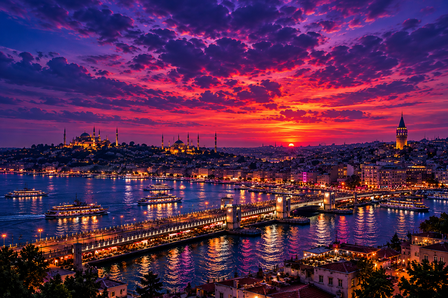 Galataturm und Bosporus bei Sonnenuntergang, Istanbul